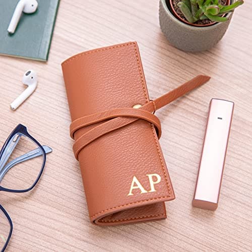 aztex Debossed Faux Leather Travel Cable Organiser, Personalised with Initials, 30 x 16 x 2cm, Brown — view 3