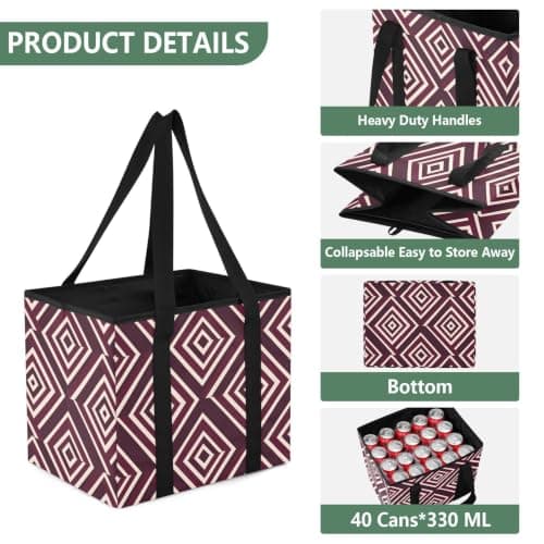 Car Trunk Organizer Reusable Bag for Shopping Shapes Maroon Pattern Cute Foldable Grocery Totes with Reinforced Bottom for Kitchen Storage, Travel Trips, 1 Pack — view 4