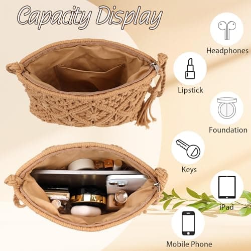 Sahunfri Straw Crossbody Bag for Women Bohemian Shoulder Bag Woven Crochet Purse For Summer Beach Travel Clutch Handbag (Khaki) — view 5
