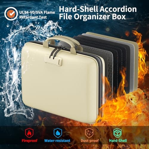 DocSafe Fireproof File Organizer with Lock, Hard-Shell Case Fireproof Document Box with 13 Pocket Accordion File Folder, Portable Home Office Travel Safe Storage for Important Documents Laptop Beige — view 2