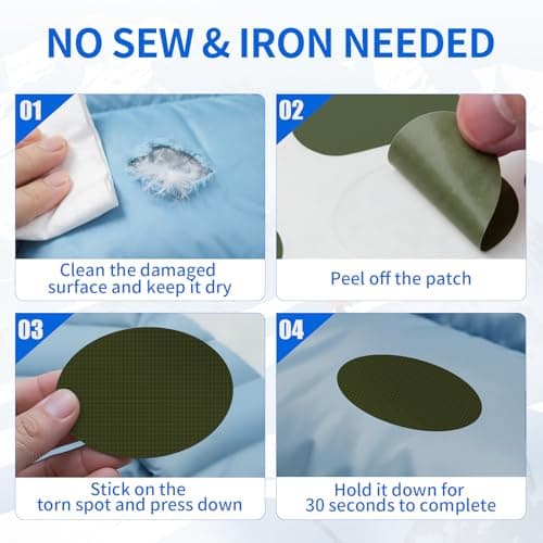Skystuff Self-Adhesive Nylon Patches for Clothing & Tent Repair Kit – 48PCS Waterproof Ripstop Fabric Repair Tape for Down Jacket, Puffer Coat, Sleeping Bag, Backpack, Outdoor Gear Fix, Army Green — view 4