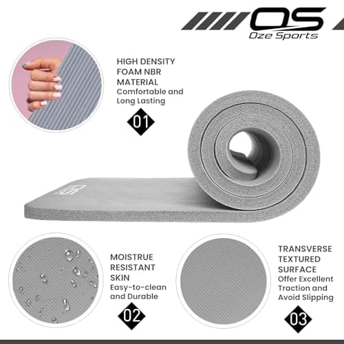OZE SPORTS Yoga Mat, NBR Foam, Extra Thick, Non-Slip, High Density, Large, for Pilates, Gymnastics, HiiT and Fitness, with Carry Strap (Grey) — view 2