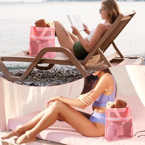 Mesh Shower Caddy, Portable Quick Dry Mesh Toiletry Tote Bag Small Hanging Wash Bag with Zipper for College Dorms, Gym, Beach, Camping, Swimming, Yoga and Travel (Pink) — view 5