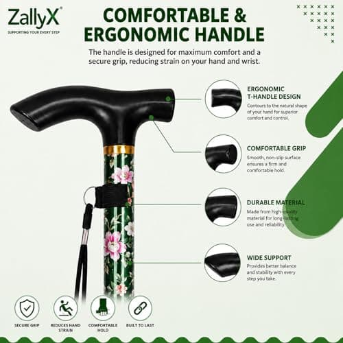ZallyX Foldable Walking Sticks for Men & Women, Adjustable height (85–95cm) Ladies Walking Stick, Mobility aids, Collapsible walking stick For Elderly Adults (Green Flower) — view 3