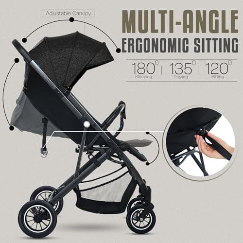 FK Sports Baby Pushchair Stroller Pram from Birth to 3 Years Lightweight Foldable Travel Buggy with 5-Point Harness, Adjustable Seat and Oversized Basket with Cup Holder Smooth Swivel Wheels (Black) — view 2
