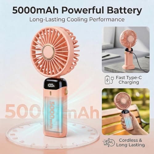 HomlyPro Handheld Fan, 5000mAh Battery-Operated Portable Fan with LED Display, 5 Speeds Strong Airflow & 90° Foldable Design, Small Desk Fans for Home Office Outdoor Travel Essentials (Pink) — view 5
