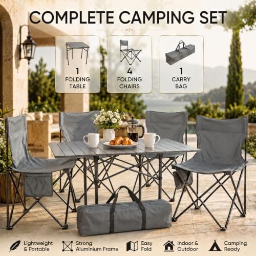 HomlyPro Folding Camping Table and Chairs, Set of 4 - Lightweight and Durable, Garden Table and Chairs with Carry Bag for Indoor & Outdoor Use, Ideal for Picnic & Garden (Grey) — view 3