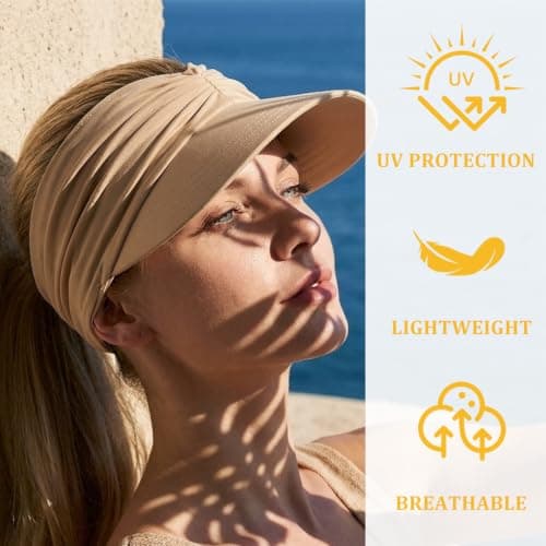 GEMAKA UPF 50+ Sun Visor Hat for Women, Wide Brim Ponytail Cap Foldable Lightweight UV Protection, Perfect for Beach, Golf, Hiking, Running & Travel(Beige) — view 2