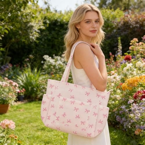 Pink Bow Tote Bags for Women, Large Capacity Beach Bag with 6 Pockets, Polyester Pink Tote Bag for Work and Commute, Lightweight Cute Handbag for Daily Use, Perfect for School, Office and Shopping — view 2