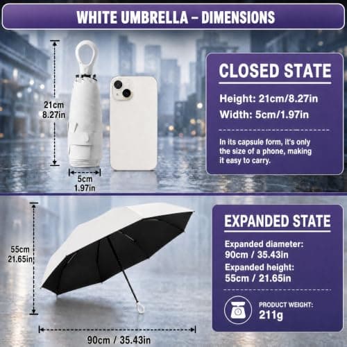 HUA JET Mini Umbrella for Women - UPF 50+ UV Protection, Sun & Rain Dual Use, Ultra-Compact Pocket Size, Lightweight Foldable Travel Umbrella with Case, Portable Shade for Beach, Commute (White) — view 2