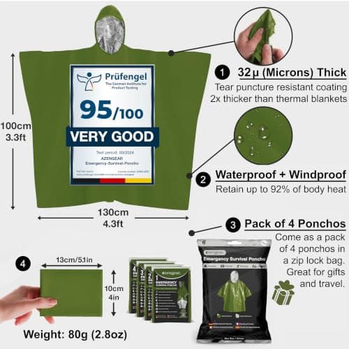 Emergency Survival Foil Poncho (4 Pack) Reversible Thermal Mylar, Green — view 2
