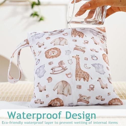 Treer 3 PCS Wet Bags Baby Cloth Nappy Wet Bag Waterproof Reusable Pastoral Style Print Diaper Bags with Zipper,Wet Dry Organizer Bag for Swimming, Baby Diaper, Travel Beach (Khaki Goose) — view 3