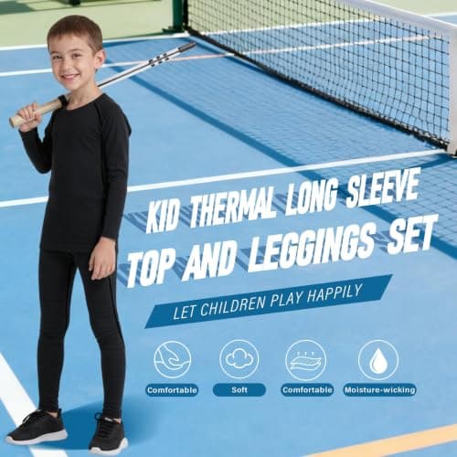 Fiohiros Boys Kids Base Layer,Pro Fleece-Lined Kid Thermal Long Sleeve Top Leggings Set,Athletic Thermal Underwear Football Compression Set for Sport Ski (Black Line 2-Piece Set, 8-9 Years; Size 26) — view 3