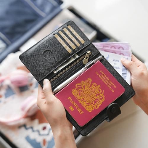 WASON Leather Passport Cover Wallet - Travel Passport Holder with RFID, Card Slots, Cash Pocket, Coin Purse, Tracker Slot, Boarding Pass and Ticket Organizer for Men and Women (Black) — view 3