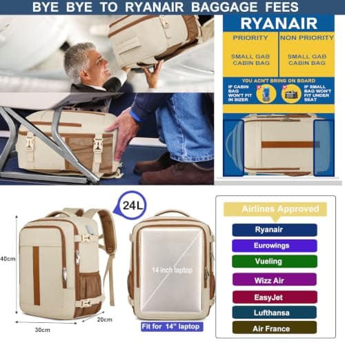 for New Ryanair Cabin Bags 40x30x20 Underseat Small Travel Backpack, Beige — view 2