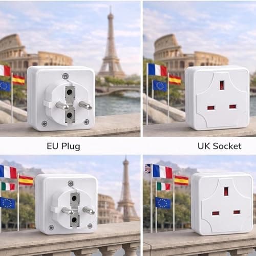 2Pcs UK to EU Plug Adapter 2 Pin Socket Extension Converter 13 Amp Universal Travel Adapter for Europe 240 V Compact Socket Multi plug For Portugal Germany Netherlands Greece Poland Turkey & More — view 2
