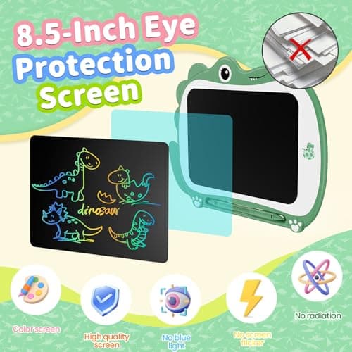 Genialba 8.5 inch Dinosaur LCD Drawing Tablet for Kids Colorful Screen Writing Board Toddler Toys Learning Educational Stocking Fillers Kids Gifts Drawing Pad for 2 3 4 5 6 Year Old Boys Girls(Green) — view 3