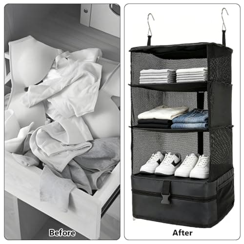 Jonuin Hanging Suitcase Organizer, 3-Shelf Instant Wardrobe with Metal Hooks, Portable Hanging Travel Shelves, Foldable Hanging Travel Storage Organiser for Clothes, Towels, Toys, Shoes (Black) — view 6