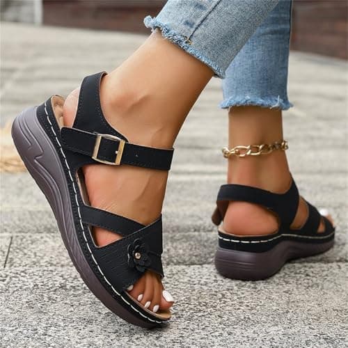Orthopedic Sandals for Women UK Plantar Fasciitis Comfort Wedge Sandals Open Toe Ankle Strap Sandal Summer Wide Fit Cushion Walking Shoes Ladies Casual Summer Sandal with Arch Support 2-Black, 6 — view 3