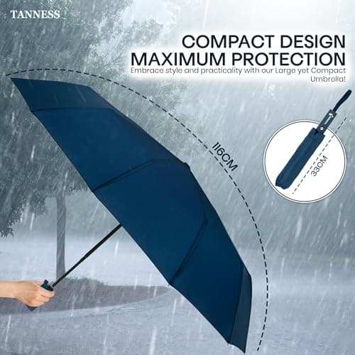 TANNESS Windproof Umbrella – 10-Rib Waterproof & Compact with Automatic Open/Close Function and Ergonomic Handle – Folding Mini - Strong for Wind and Rain (Blue) — view 3
