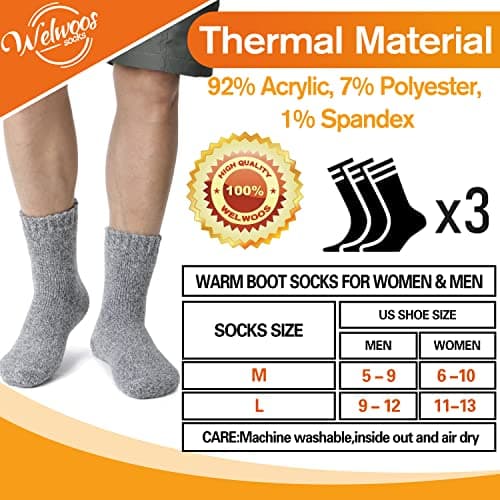 Welwoos Heated Thermal Socks for Women Winter Warm Ski Thick Boot Insulated Gift Socks Stocking Fillers for Women 3 Pairs (Grey & Black A,L) — view 5