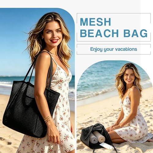 Poeruse Beach Mesh Tote Bag, Beach Bags for Women with Zip, 26L Mesh Handbags, Travel Shopping Handbag for Holiday (Black) — view 6