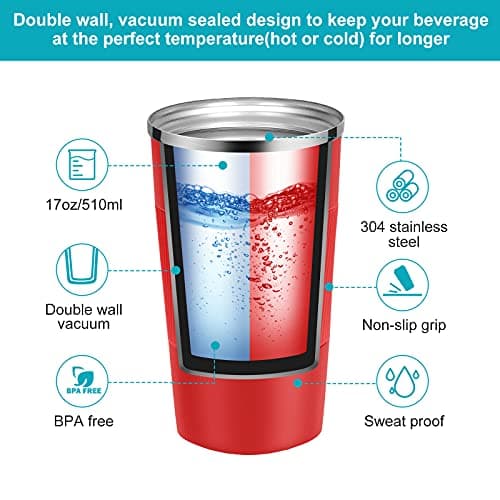 YINJAM Travel Mug 510ml Reusable Insulated Coffee Cups Vacuum Insulation Stainless Steel Thermal Bottle for Hot Cold Drinks (Red, 510ml) — view 4