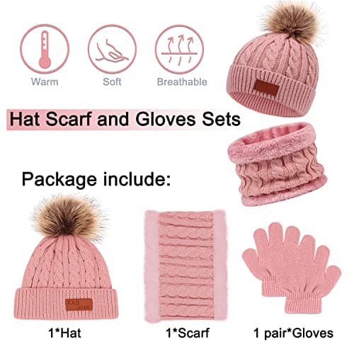 Baynetin 3Pcs Kids Winter Beanie Hat Scarf Gloves Set for 1-5 Years Old Boys Girls. Winter Accessories Sets for Children Outdoor Sports, Knit Thick Warm Fleece Lined Thermal Sets (Pink) — view 5