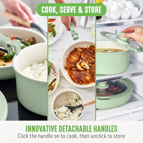 GreenLife 10 Piece Nonstick Pots & Pans Set, Detachable Handle & Stackable Cookware Set, Non Toxic PFAS-Free Skillets, Induction Kitchen Pans, Space Saving, Serving Bowls, Oven Safe, Sage Green — view 6