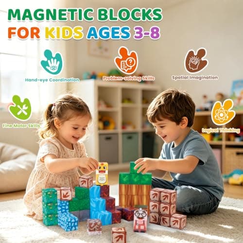 DQMOON Magnetic Building Blocks for Kids, 52PCS Dinosaur Toys for Boys Girls Ages 3-8, Travel Magnet Cube Set with Metal Storage Box, Montessori STEM Learning Toys Birthday Gifts Xmas Stocking Fillers — view 2