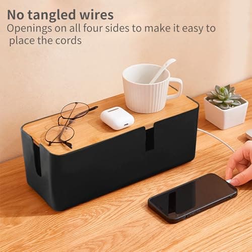 JJQHYC Cable Tidy Box Large Cable Box with Bamboo Lid Cable Management Box Black Cable Organiser for Hiding Cables and Plugs — view 2