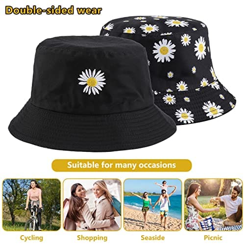Sibba Summer Bucket Hat Packable Sailor Fisherman Caps for Fishing Golf Camping Travel Large Head Wide Brim Sun Protection Headwear Valentines Day for Men Women Teens Girls (Flower) Black — view 2