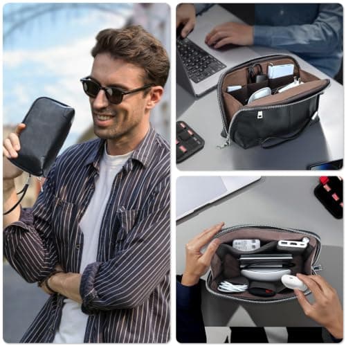 Electronic Organizer Zipper Bag Tech Pouch, Top Grain Leather Handmade, Portable Compact Travel Storage Cases Fits Apple Accessories, Phone, USB Cables, Power Banks, Chargers, Hard Drive, Black — view 3
