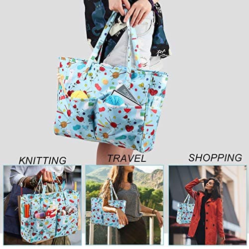 LOOEN Crochet Knitting Tote Bag - Empty Yarn Storage Organiser with Zipper & 10 Pockets (36x14x30cm), Travel Carrier for Hooks, Tangle-Free Wool Skeins, Alpaca Pattern Blue (Bag Only) — view 6