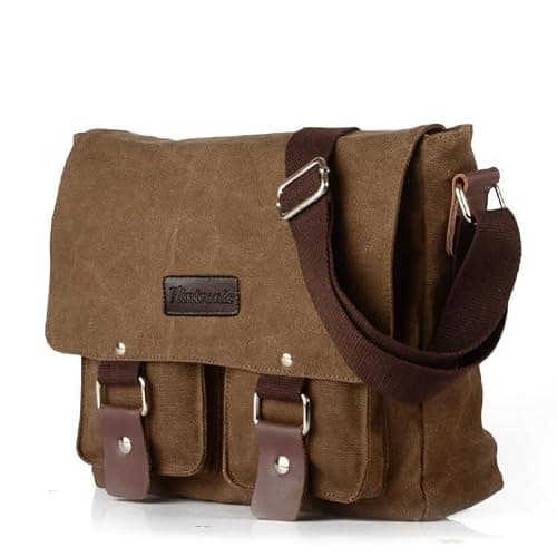 flintronic Canvas Messenger Bag, Men's Cross Body, 14 inch Laptop Bag, Vintage Satchel Briefcase, with Multiple Pockets, for School Travel Outdoor Work Daily Use
