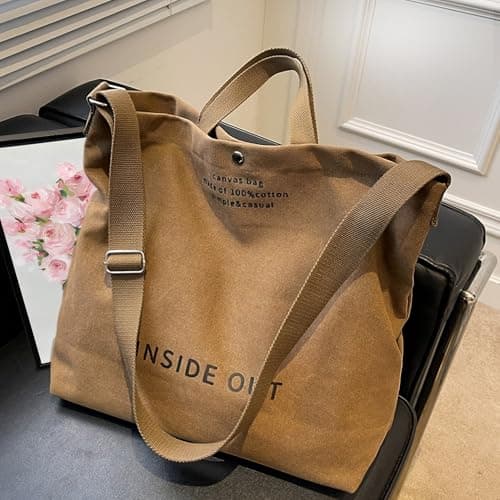 UNLOCKCUP Large Canvas Tote Bag for Women 3 Small Inside Pockets-Vintage Crossbody Handbag for Work, Beach, Travel-16oz Cotton, Coffee, One Size — view 3