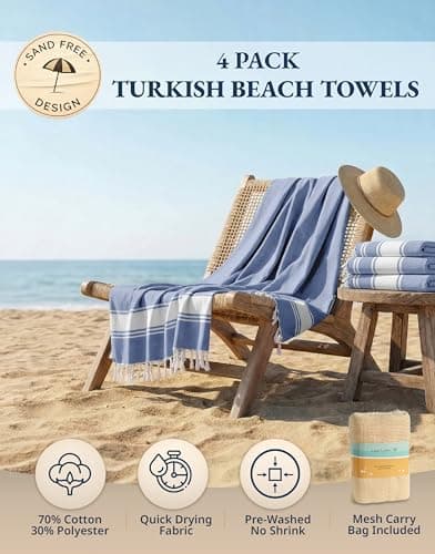 Lane Linen Beach Towels 4 Pack Oversized - Cotton Rich Turkish Towel Set, Pre-Washed Oversized Beach Towel, Quick Dry Beach Towels For Travel, Beach Towel Large, Sand Free Towel,39"x71" - Forever Blue — view 2