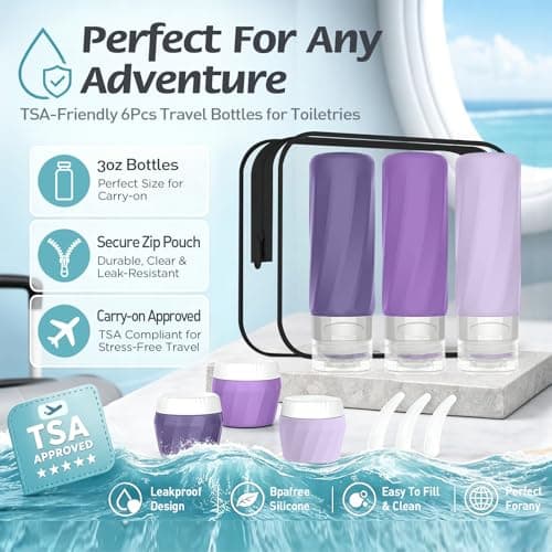 6Pcs Travel Bottles for Toiletries, TSA Approved Travel Size Toiletries Containers Set, BPA-FREE Silicone Leak Proof Refillable Bottles and Jars, Women & Men Airplane Cruise Essentials Kit (PURPLE) — view 3