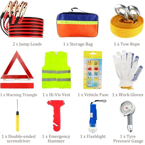 Houbobo Car Emergency Kit, 11PCS European Driving Travel Kits, Roadside Safety Tool Kit with Jump Leads, Warning Triangle, Hi-Vis Vest, Emergency Hammer, Tyre Pressure Gauge, Flashlight for Women Men — view 2