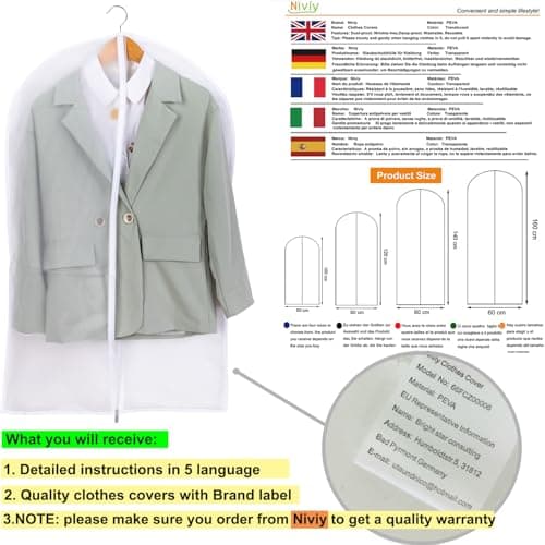 Niviy Clothes Covers Protector Bags Garment Covers Dustproof Moth Proof Coat Bag with Zip PEVA Translucent Suit Cover Waterproof Anti-mite Breathable Suit Protector 6pcs 60 * 100cm (White) — view 6