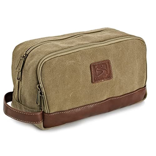 Seemeroad Travel Toiletry Bag for Men and Women, Canvas Toiletry Organizer Water-Resistant Vegan Leather, Hanging Dopp Kit Shaving Bag for Toiletries Accessories (Khaki, Large)