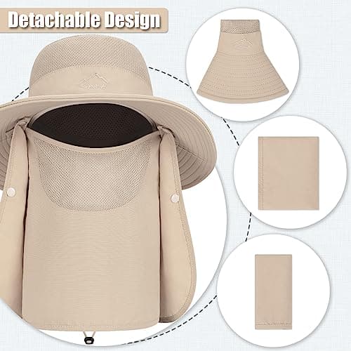 TAGVO Wide Brim Sun Hat with Detachable Neck Face Flap, Outdoor UPF 50+ Protection Fishing Hats, Camping Hiking Walking Travel Sun Bucket Hats Cap Foldable Sun Caps with Adjustable Chin Strap Beige — view 4