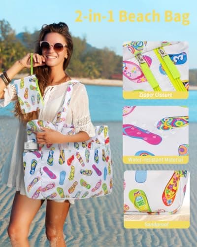 Large Beach Bag with Zip and Wet Compartment Beach Tote Bag, Slipper — view 5