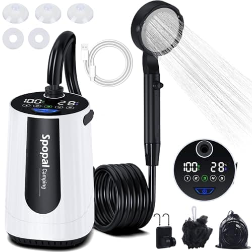 Spopal Portable Shower for Camping, [Upgraded] 10000mAh Rechargeable Camping Shower Pump with LED Display, 5 Adjustable Speeds, IPX8 Waterproof Outdoor Shower Kit for Hiking, Travel, Car, Pet (White)