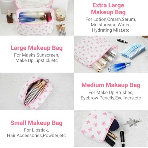 Mulaibdin 4 Pcs Makeup Bag, Coquette Cosmetic Bags for Women & Girls, Cute Skincare Bag for Travel, Portable Bow Make Up Bag Set, Quilted Toiletry Bags Cotton for Birthday Gifts (Pink+White) — view 4