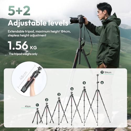 ULANZI JJ05 184 CM Carbon Fiber Camera Tripod, Overhead Travel Tripod w/Central Column and UKA Quick Release Plate for Cameras/DSLR/Projector/Camcorder, Horizontal Stand, Weight 1.56kg, Maxload 18kg — view 4