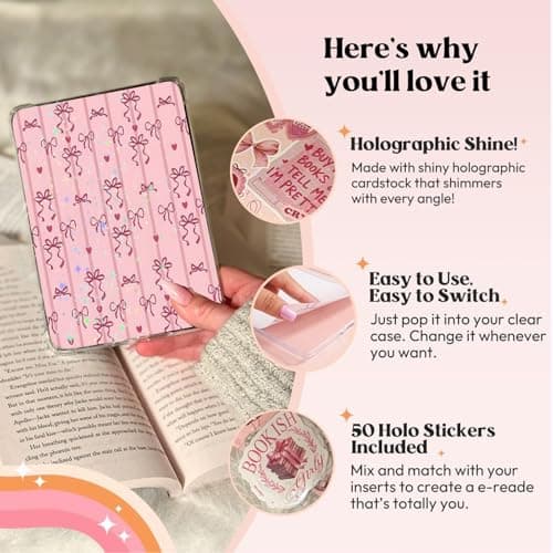 VelvetGlow 12PCS Inserts Cardstock for E-Reader Clear Case with 50PCS Scrapbook Stickers for Insert, 6.9"x4.8" Pink Bow Theme Back Cover Accessories for Paper White 11th-12th, Gifts for Booklovers — view 3