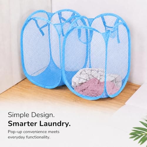 HOMESHOPA Laundry Baskets Pop Up Mesh Washing Bag, Blue Foldable Dirty Clothes Baskets with Handles&Side Pocket, Collapsible Toy Tidy Storage Organiser, Great for Kids Room, College Dorm Travel — view 4