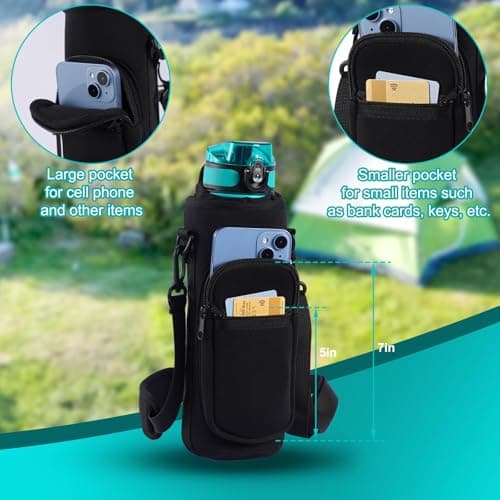 YEENAIV 40oz Water Bottle Carrier Bag, Sport Water Bottle Carrier Sling Bag with Adjustable Strap, Water Cup Holder with 2 Pockets for Walking Hiking Camping-Black — view 5