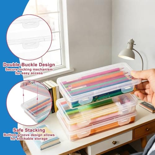 6 Pcs Clear Pencil Box with Latching Lid, Stackable Pen Storage Box, Plastic Containers, Rectangular Crayon Case, Transparent Organizer for Office Supplies, Handicrafts, Beads, Jewelry, Small Items — view 4